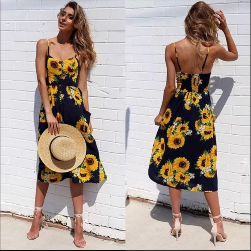 Navyblue Floral Print Spaghetti Strap Sundress